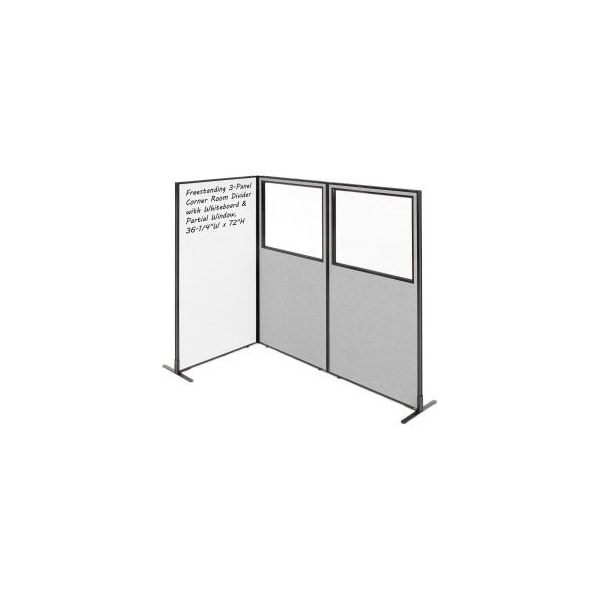 Global Equipment Interion 3-Panel Corner Room Divider with Whiteboard Partial Window, 36-1/4"W x 72"H, Gray 695184GY - main